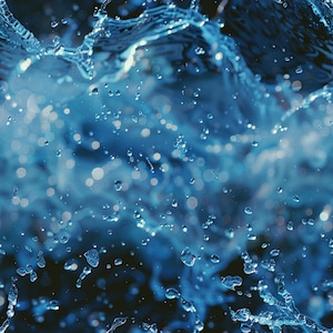 Puede incluir: Primer plano de gotas de agua salpicando y creando un patrón abstracto azul y blanco.