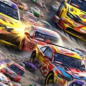 May include: A close-up of a colourful racing car speeding down a track with other cars in the background. The car is yellow, red, blue and white with a black stripe and the words "Saint Dework" on the side.