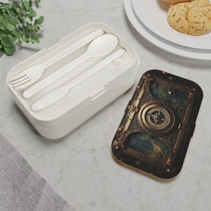 Treasure Chest Bento Box, with printed Lid, strap with compartments, utensils included