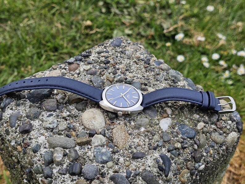 May include: A wristwatch with a blue face and silver-colored case, set against a backdrop of a stone surface and green grass. The watch has a blue leather band and silver buckle. The watch hands are silver.