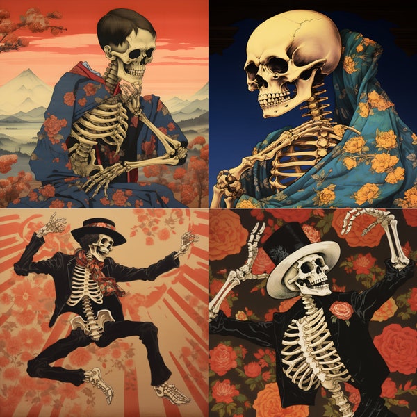 Vibrant Ukiyo: Dancing Skeletons in Shades of Pink, Red, and Black