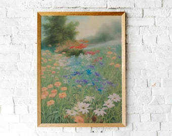 Summer Garden vintage Painting / Cottage Painting PRINTABLE / Landscape / Antique Flower Garden Painting / vintage Print / Cottagecore Decor