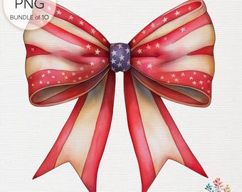Vintage Patriotic US Flag Bow Clipart - Retro American Flag Bow Illustrations, Transparent PNG Bundle, 4th of July Clipart, Commercial Use