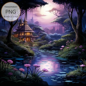Watercolor Mysterious Pond at Night Set of 10 Clipart PNGs for Enchanting Creations - Instant Digital Download with Commercial License