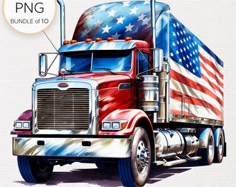 Semi Truck US Flag Clipart - Set of 10 American Trucking Illustration PNG, Patriotic Transportation Graphics for Commercial Use