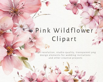 Pink Wildflower Watercolor Clipart Images Hand-painted Delicate Petal Design, Rosy Meadow Bloom Floral PNG, Botanical Elegance Pastel Beauty