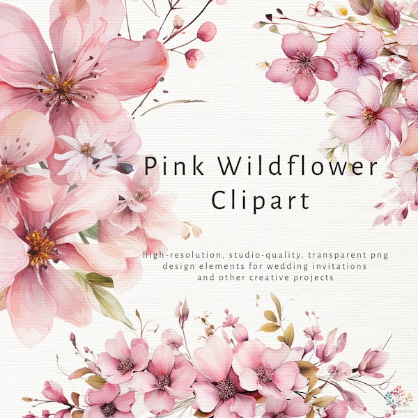 Pink Wildflower Watercolor Clipart Images Hand-painted Delicate Petal Design, Rosy Meadow Bloom Floral PNG, Botanical Elegance Pastel Beauty