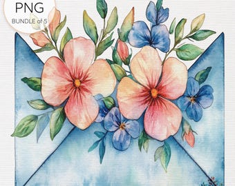 Floral Envelope Watercolor Clipart Bundle: Transparent PNGs for Stationery