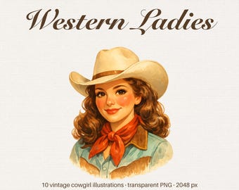 Vintage Western Ladies Clipart, Retro Cowgirl Fussy Cut Junk Journal PNG (Digital Download)