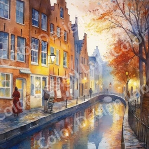 Bruges, Belgium Watercolor Art, Historic City Design, Medieval Architecture Illustration, Canal Scene Image, Cobblestone Streets and Towers
