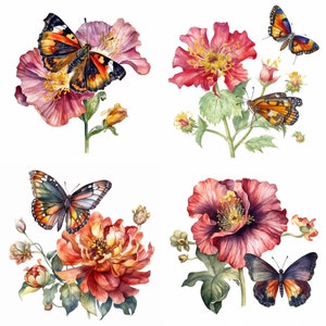 Clipart fleur et papillon, lot de 12 PNG floral et papillon de haute qualité, téléchargement numérique pour la fabrication de cartes, les invitations et l'art mural