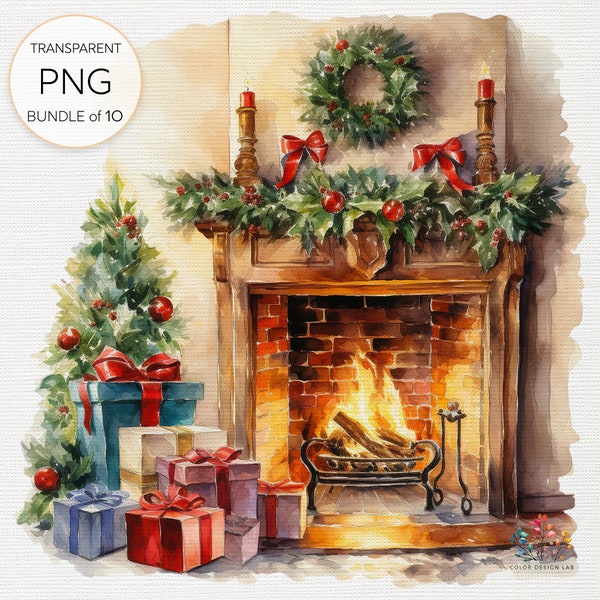 Christmas Fireplace Clipart Watercolor. Festive Hearth Scene, Warm Cozy Fire, Stockings, Holiday Ambiance, Transparent PNG Illustration