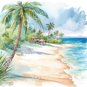 Tropisch strand clipart ontwerp, Seaside Paradise kunst, serene kustlijn en palmen illustratie, Ocean Retreat afbeelding, gouden zand en golven