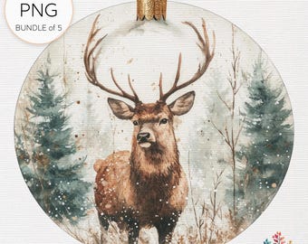 Watercolor Deer Christmas Bauble Clip Art: Holiday PNG Bundle (Digital Download
