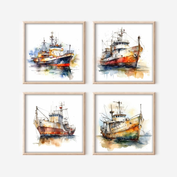 Nautical Trawler Boat Art Printable Clipart, 4 High-Resolution Trawler PNG Images, Digital Download, Commercial Use, Nautical Boat Wall Art