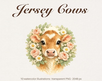 Watercolor Jersey Cow Clipart, Junk Journal Farmhouse Cattle PNG (Digital Download)