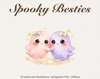 Spooky Besties Clipart, Watercolor Ghost Witch Friends PNG (Digital Download)