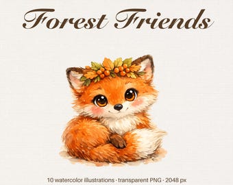 Watercolor Woodland Animals Clipart, Autumn Fox, Deer, Hedgehog (Digital Download)