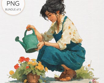 Watercolor Woman Planting Flowers Clipart: Transparent PNG Bundle