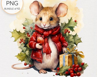 Christmas Mouse Clipart, Cute Mouse in Santa Hat, Watercolor Christmas Mouse, Mixed Media,Digital Paper Craft,Sublimation,Commercial Use PNG