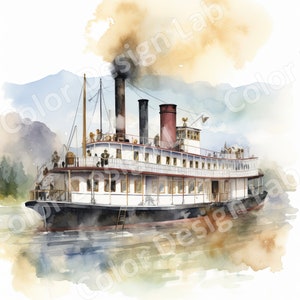 Vintage Steamboat Reise druckbare Clipart-Set, 8 hochauflösende Bilder, kommerzielle Nutzung digitaler Download, Vintage Art Decor Instant