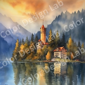 Bled, Slowenien druckbare Wand Kunst Download, Set von 8 hochauflösende PNG Kunst Bilder, digitaler Download, Morgen Szene PNGs