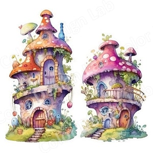Fairy Houses Clipart Set, 8 High Resolution PNGs, Instant Digital Download, Commercial Use, Fantasy Decor, Wall Art