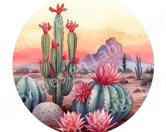 Sonnenuntergangskakteen-Clipart-Set, Wüsten-Aquarell-PNG (Digitaler Download)
