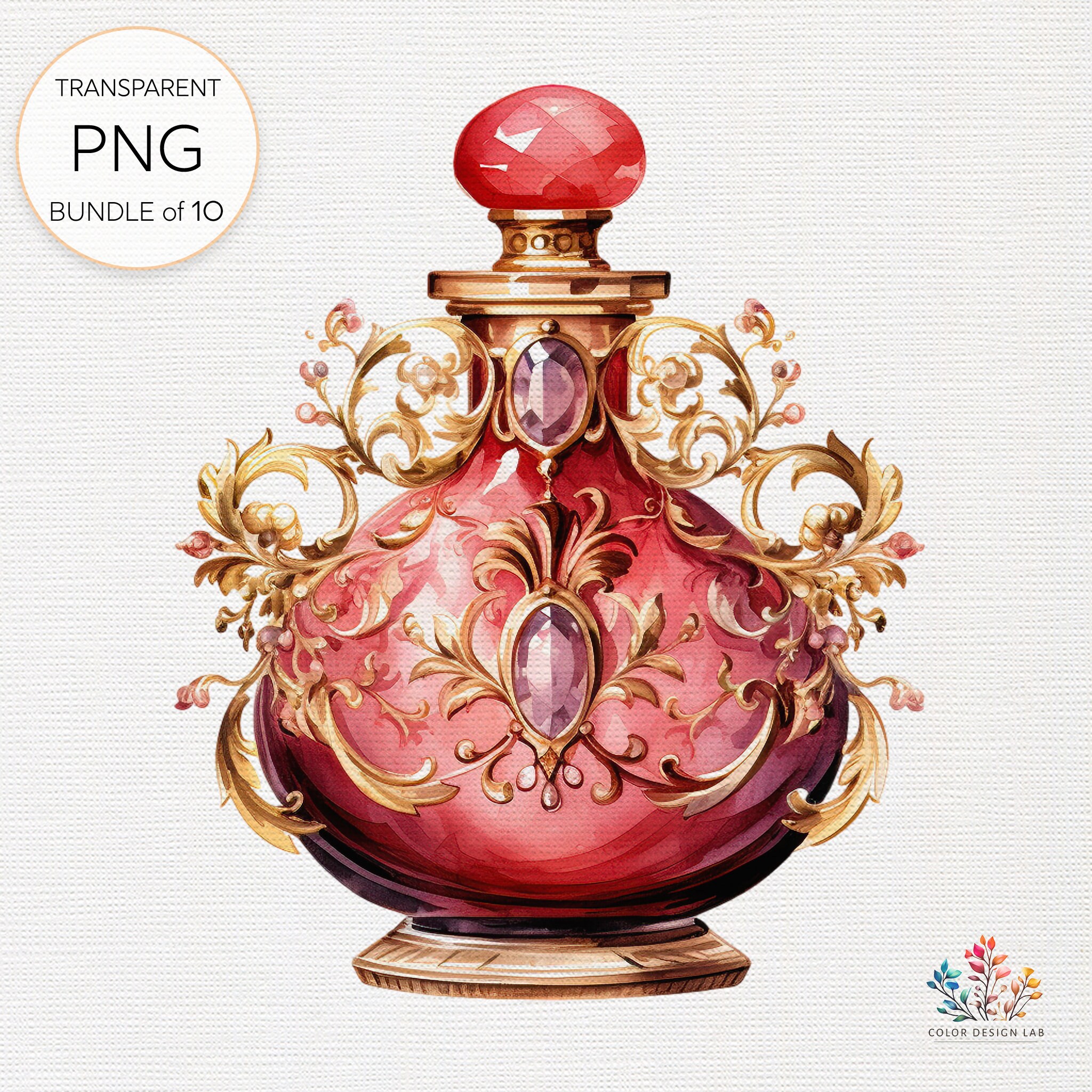 水彩画のヴィンテージ香水瓶、クラシックなフレグランスデザイン