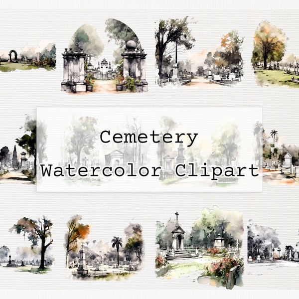 Cemetery Clipart Design, Final Resting Place Art, Tombstones and Mausoleums Illustration, Gothic Graveyard Scene Image, Spooky and Eerie