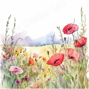 Conjunto de clipart para impressão de campo de papoulas - 8 imagens PNG de alta resolução, download digital, uso comercial, perfeito para arte de parede