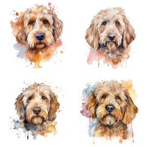 Labradoodle Aquarell Clipart, handbemalter Pudel Mix, Hundeportrait mit lockigem Fell, verspieltes Hunderassendesign, liebenswerte Hundekunst