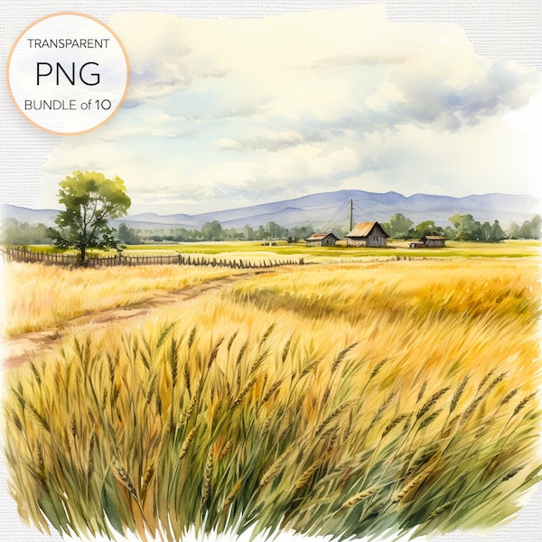 Set of 10 Majestic Wheat Fields Watercolor Clipart PNGs for Nature-Inspired Card Making Instant Digital Download with Commercial License