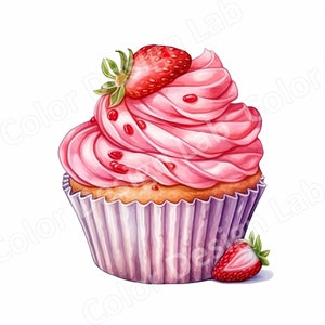 Erdbeer Cupcake Clipart, Set mit 8 hochauflösenden PNG-Bildern, digitaler Download, kommerzielle Nutzung erlaubt, perfekt für Bastelprojekte
