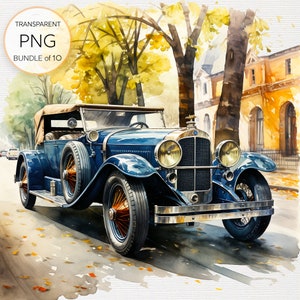 Clipart de carro esportivo vintage - conjunto de 10 ilustrações retrô de automóveis PNG, gráficos de carros nostálgicos para uso comercial
