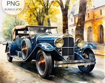 Vintage Sporty Car Clipart - Set of 10 Retro Automobile Illustrations PNG, Nostalgic Car Graphics for Commercial Use