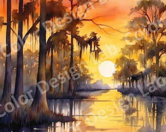 Louisiana&#39;s Bayou Country Printable Wall Art Set, 8 Digital PNG Images, Digital Download, Commercial Use, Swamp and Marsh Landscape Scenes