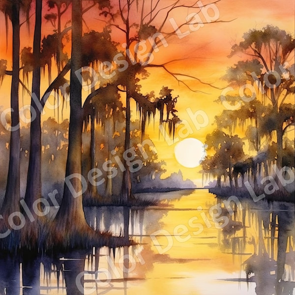Aquarell-Kunstdrucke mit Motiven aus den Bayous von Louisiana, Sumpflandschaften (Digitaler Download)