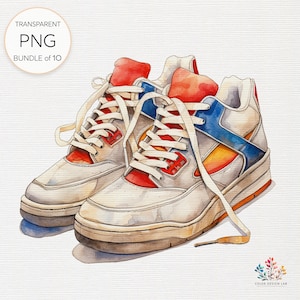 Zapatillas vintage de la década de 1980 Zapatillas de acuarela Clipart Diseño de calzado retro clásico Gráficos de calzado deportivo Estilos de ropa urbana y tendencias nostálgicas