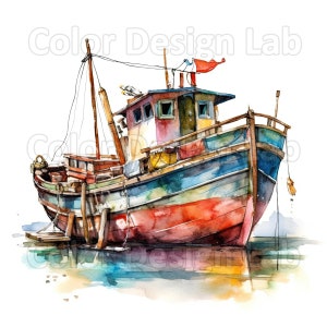 Paquete de imágenes prediseñadas imprimibles de barcos de pesca, conjunto de 8 PNG de barcos de alta calidad, descarga digital, uso comercial permitido, perfecto para arte de pared