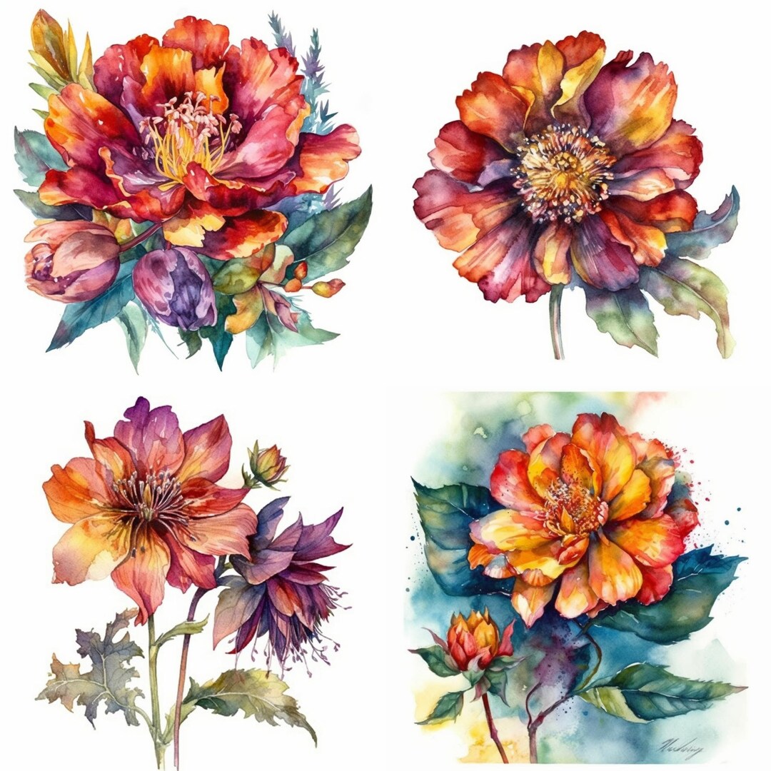 Boho Flower Clipart Set: Watercolor Floral PNG Images (digital Download ...