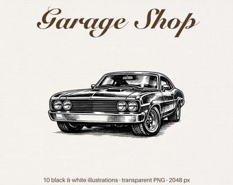 Vintage Mechanic Shop Clipart Black and White, Auto Repair Garage PNG (Digital Download)