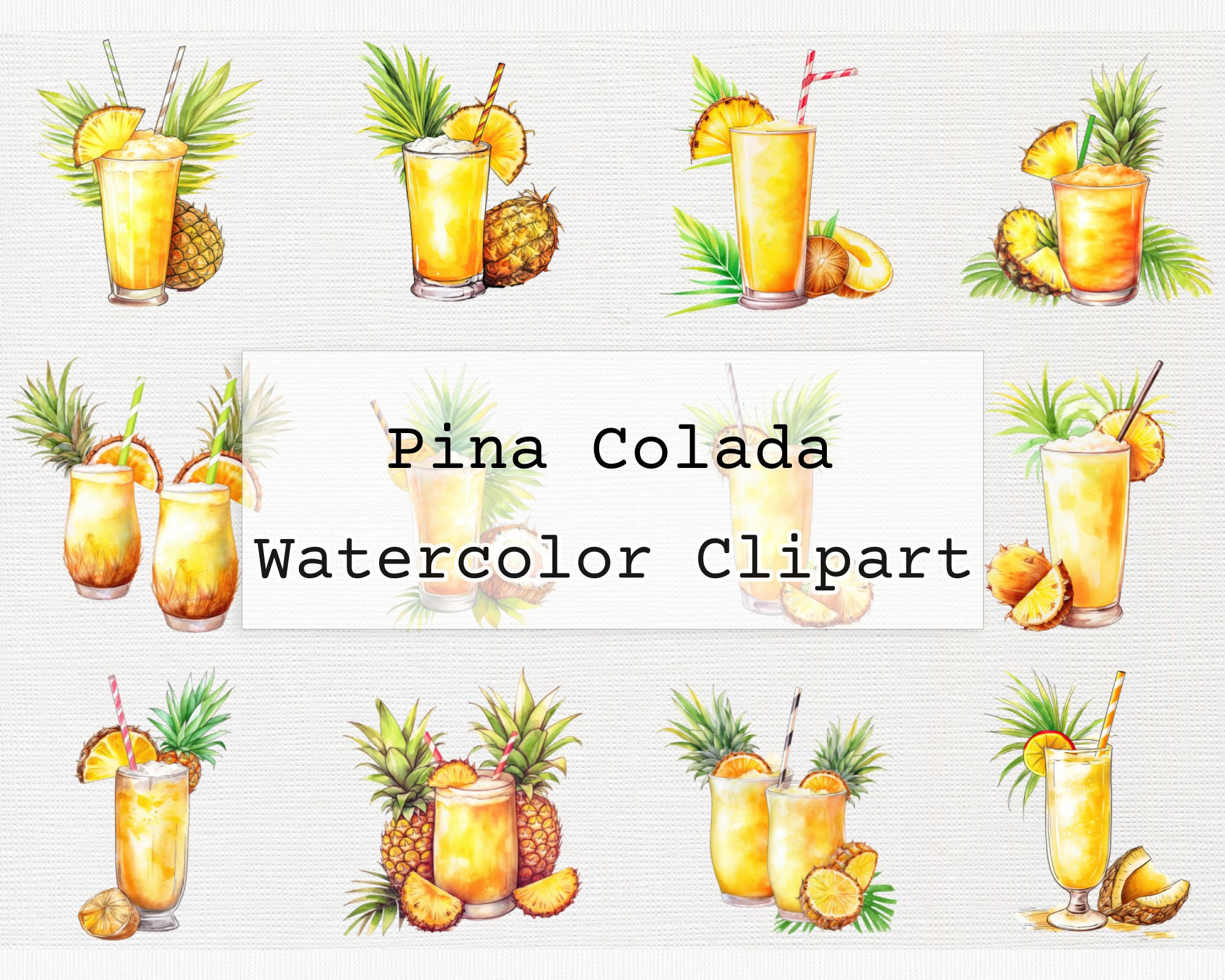 Pina Colada Clipart Watercolor Coconut, Umbrella and Glass Commercial ...