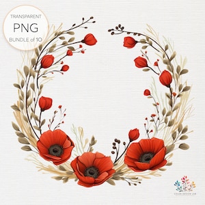 Clipart de coroa de papoula: pacote de 10 PNGs transparentes, elegância floral para projetos criativos, círculos de papoula vibrantes e detalhados