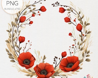 Poppy Wreath Clipart: Bundle of 10 Transparent PNGs, Floral Elegance for Creative Projects, Vibrant & Detailed Poppy Circlets