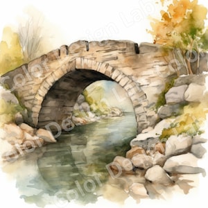 Pont de pierre rustique imprimable Clipart, téléchargement numérique haute résolution, 8 Images Pack, campagne paysage Art, Commercial Lic