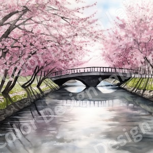 Télécharger Cherry Blossom River Clipart, 4 haute résolution Cherry Blossom PNG, Téléchargement numérique, Licence commerciale, River Art Wall Art