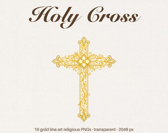 Catholic Holy Cross Clipart, Gold Line Art Religious Symbols PNG (Digital Download)