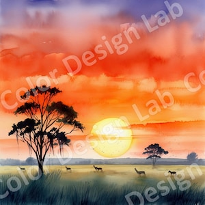 Sonnenuntergang Savannah Wandkunst, 4er Set hochauflösende druckbare PNG Bilder, kommerzielle Lizenz, sofortiger digitaler Download, Wandkunst