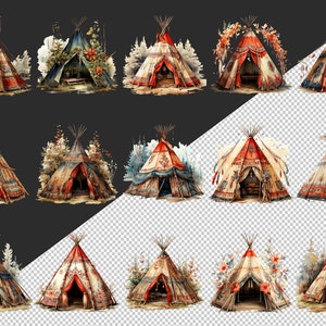 Boho Teepee Clipart Bundle of 36 Quality Transparent Watercolor Teepee ...